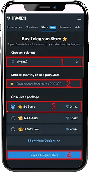 وارد کردن اطلاعات خرید استارز تلگرام